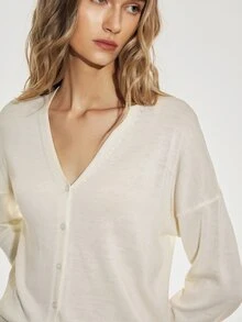 ATUI Studio Loose Fit Knit Cardigan, Dropped Shoulder Long Sleeve, Blend, Minimalist Basic Autumn Office Off-White - Beige - View 8