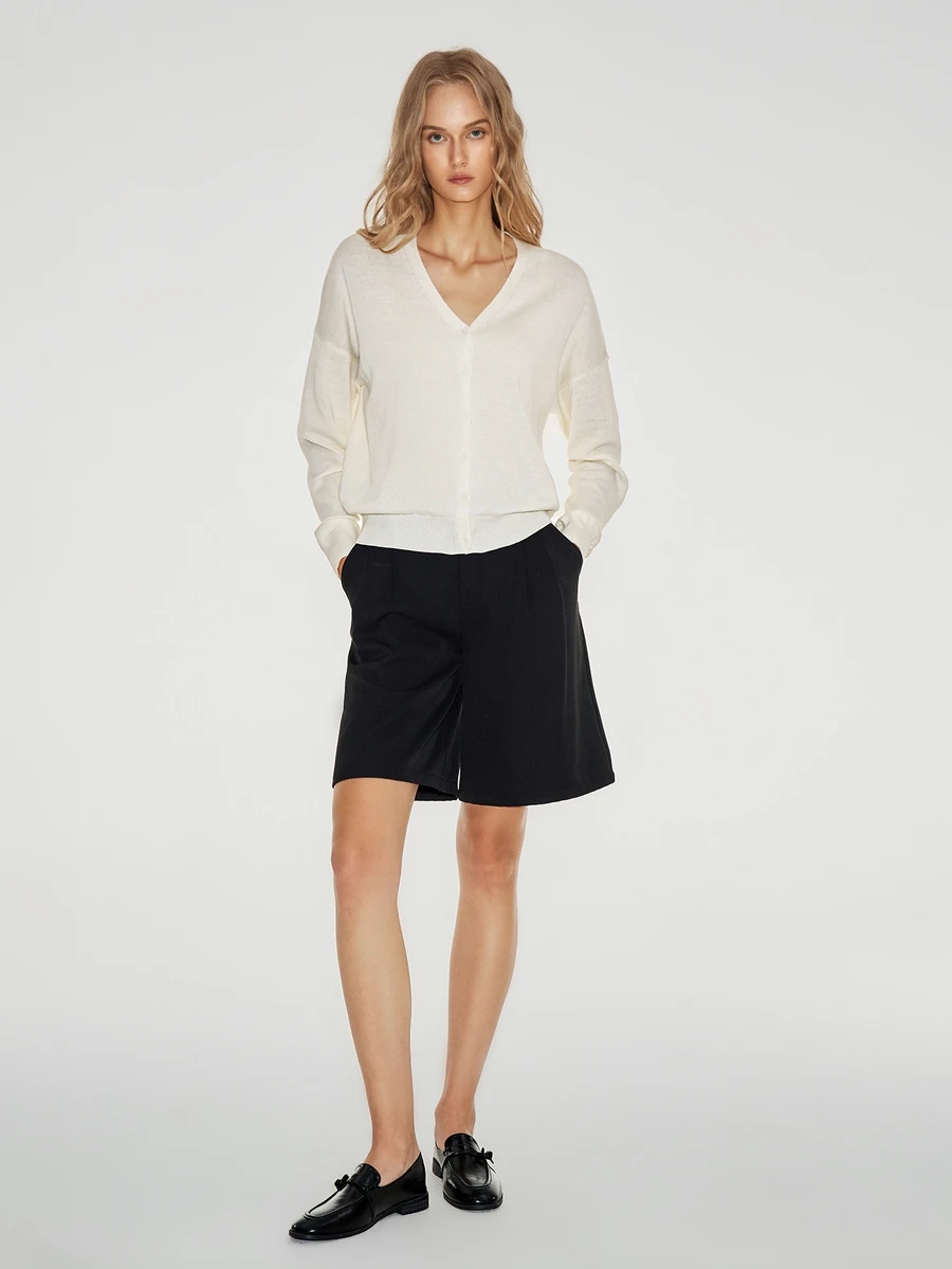 ATUI Studio Loose Fit Knit Cardigan, Dropped Shoulder Long Sleeve, Blend, Minimalist Basic Autumn Office Off-White - Beige - View 1