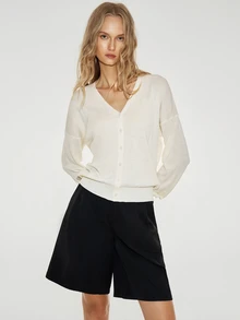 ATUI Studio Loose Fit Knit Cardigan, Dropped Shoulder Long Sleeve, Blend, Minimalist Basic Autumn Office Off-White - Beige - View 4