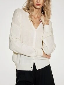 ATUI Studio Loose Fit Knit Cardigan, Dropped Shoulder Long Sleeve, Blend, Minimalist Basic Autumn Office Off-White - Beige - View 2
