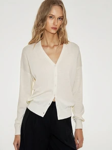 ATUI Studio Loose Fit Knit Cardigan, Dropped Shoulder Long Sleeve, Blend, Minimalist Basic Autumn Office Off-White - Beige - View 9