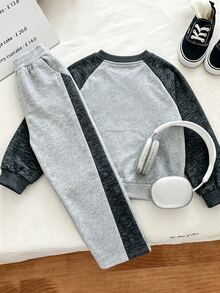 Young Boys 2pcs Color Block Raglan Sleeve Casual Sweatshirt And Side Stripe Sport Pants Grey Sweatsuit Set For Fall/Winter - Grey - View 2