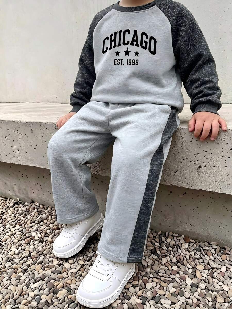 Young Boys 2pcs Color Block Raglan Sleeve Casual Sweatshirt And Side Stripe Sport Pants Grey Sweatsuit Set For Fall/Winter - Grey - View 1