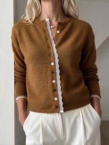 Omancia Women's Vintage Round Neck Lace Patchwork Cardigan Sweater - Yellow - View 4