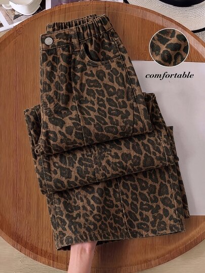 Big Girls' Vintage Street Style Loose Comfortable Casual Leopard Print Wide Leg Denim Jeans, Suitable For Autumn/Winter, School, Back To School Season, Fashionable And Versatile