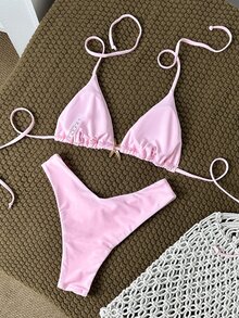Swim Mod Plus Size Women's Plain Color Shoulder Strap Metal Decor Sexy Pink Bikini Set, Summer - Pink - View 3