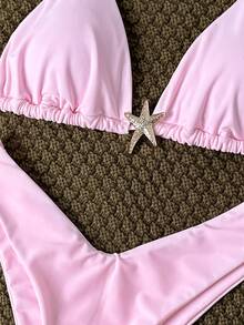 Swim Mod Plus Size Women's Plain Color Shoulder Strap Metal Decor Sexy Pink Bikini Set, Summer - Pink - View 6