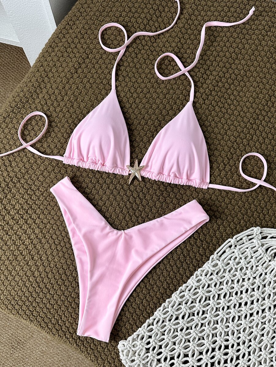 Swim Mod Traje de baño de mujer talla grande de un solo color con decoración metálica y tirantes, conjunto de bikini sexy color rosa, para el verano - Rosa - Ver 1