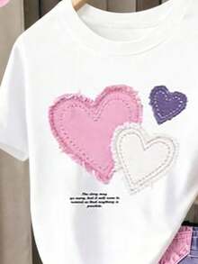 Girls' Teen All-Over Print Shorts Set, Casual Cute Katseye Street Style Pink Purple White Three-Color Heart Print Retro Denim Effect Effect T-Shirt Set - Multicolor - View 5