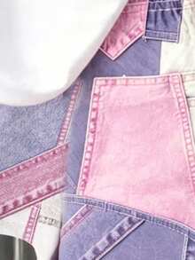Girls' Teen All-Over Print Shorts Set, Casual Cute Katseye Street Style Pink Purple White Three-Color Heart Print Retro Denim Effect Effect T-Shirt Set - Multicolor - View 3