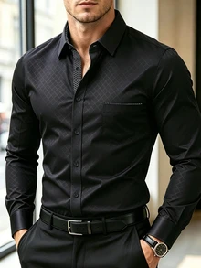 Manfinity Mode Men's Formal Casual Streetwear Versatile Commute Striped  Patchwork Long Sleeve Shirt - Black - View 1