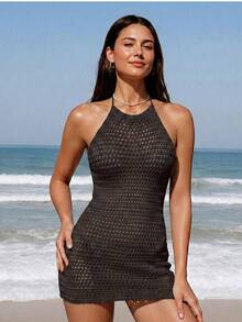 Swim Vcay Vacation Beach Vacation Solid Color Backless Halter Neck Hollow Knit Cover-Up Dress Chocolate Brown Summer Sexy Tropical - Coffee Brown - View 7