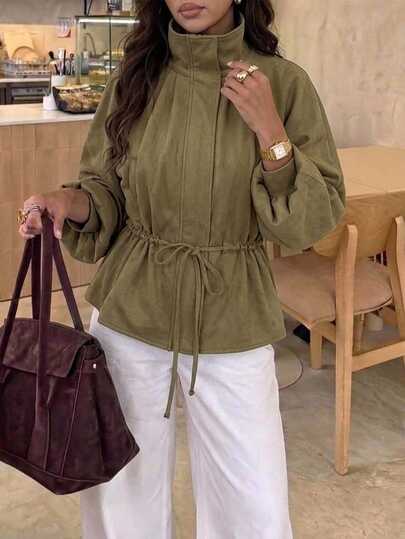 Aloruh Women's Autumn/Winter Olive Green Elegant Minimalist Casual Street Style Daily Office Commute Dinner Party PU Lapel Waist Drawstring Suede Jacket