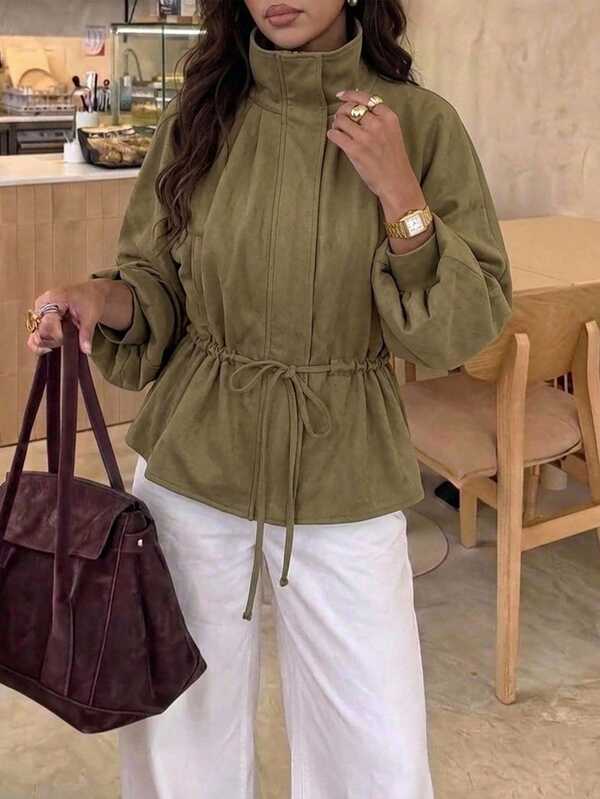 Aloruh Women's Autumn/Winter Olive Green Elegant Minimalist Casual Street Style Daily Office Commute Dinner Party PU Lapel Waist Drawstring Suede Jacket