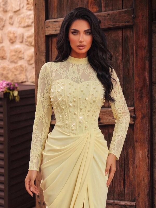Glamrae Elegant Luxurious 2m New Elastic Lace Embroidered Patchwork Elastic Satin Pleated Design Sexy Slit Mermaid Dress With Sheer Sleeves Suitable For Wedding Events, Bachelor Party, Vacation, Dance Party, Holiday Gathering, Music Festival, Graduation Season, Evening Gala (Heavy Workmanship Style)
