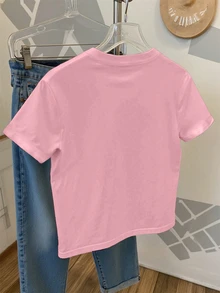 Elladie kids Girls'light Pink Round Neck Short Sleeve T-Shirt,Cute Summer Graphic Concert Faux Rhinestone Heart & Cherry Print,Versatile Casual Wear For Spring - Pink - View 2