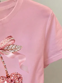 Elladie kids Girls'light Pink Round Neck Short Sleeve T-Shirt,Cute Summer Graphic Concert Faux Rhinestone Heart & Cherry Print,Versatile Casual Wear For Spring - Pink - View 3