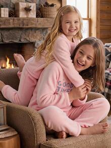 Girls' 2pcs English Embroidery Fleece Long Sleeve & Long Pants Warm Soft Loungewear Set - Pink - View 2