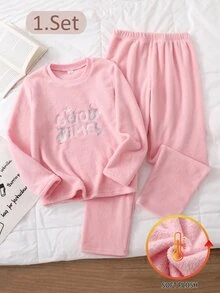 Girls' 2pcs English Embroidery Fleece Long Sleeve & Long Pants Warm Soft Loungewear Set - Pink - View 3