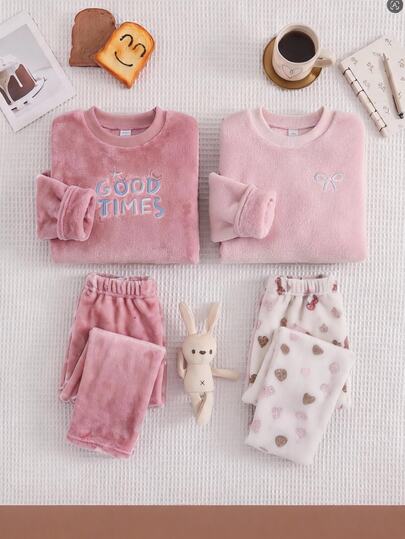 Girls' 2pcs English Embroidery Fleece Long Sleeve & Long Pants Warm Soft Loungewear Set