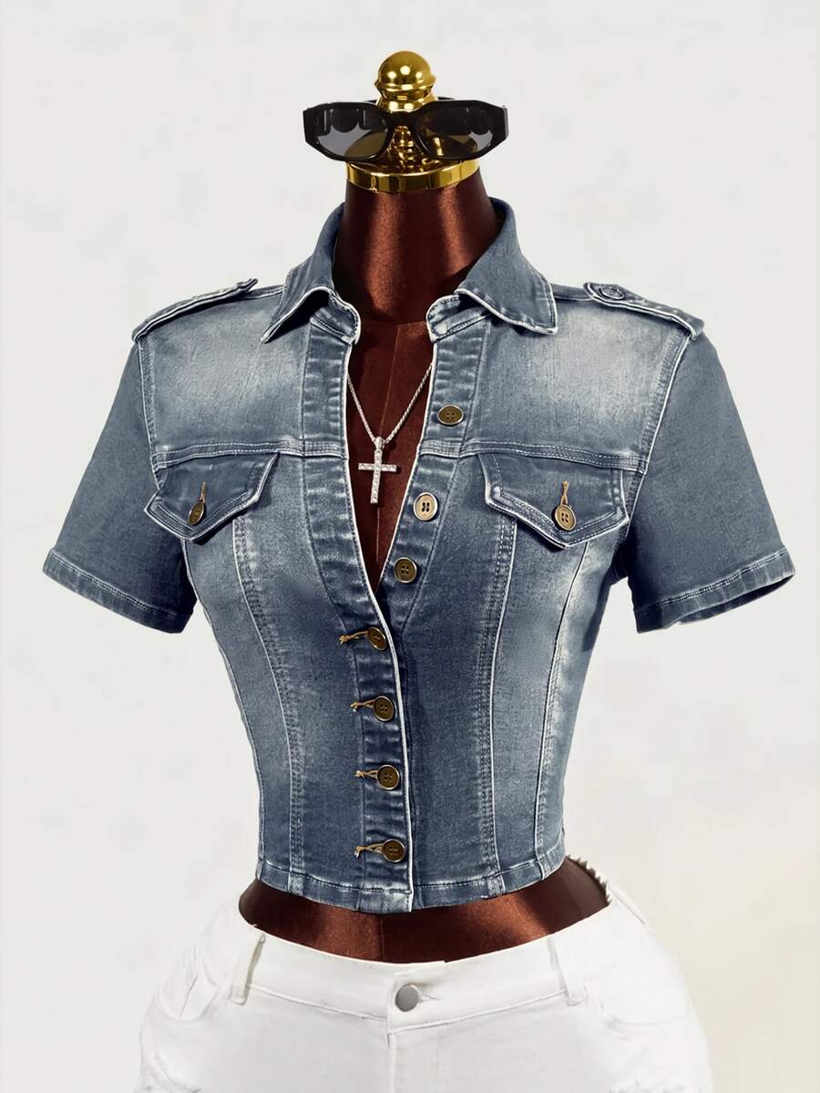 SHEIN جاكيت جينز قصير ضيق بأزرار أمامية كاجوال صيفي للنساء - أزرق متوسط - مشاهدة 1