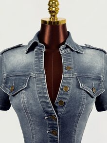 SHEIN 女款夏季休閒前扣修身短版牛仔夾克 - 中等水洗藍 - 查看 4