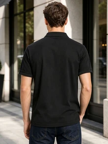 Manfinity Hypemode 男士字母印花短袖休閒通勤 Polo 衫，正式感、老錢風 - 黑色 - 查看 2
