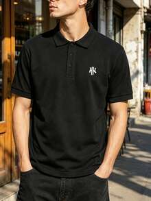 Manfinity Hypemode 男士字母印花短袖休閒通勤 Polo 衫，正式感、老錢風 - 黑色 - 查看 5