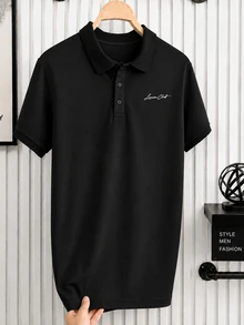 Manfinity Homme 男士字母印花短袖休閒通勤 Polo 衫，正式感、老錢風 - 黑色 - 查看 5