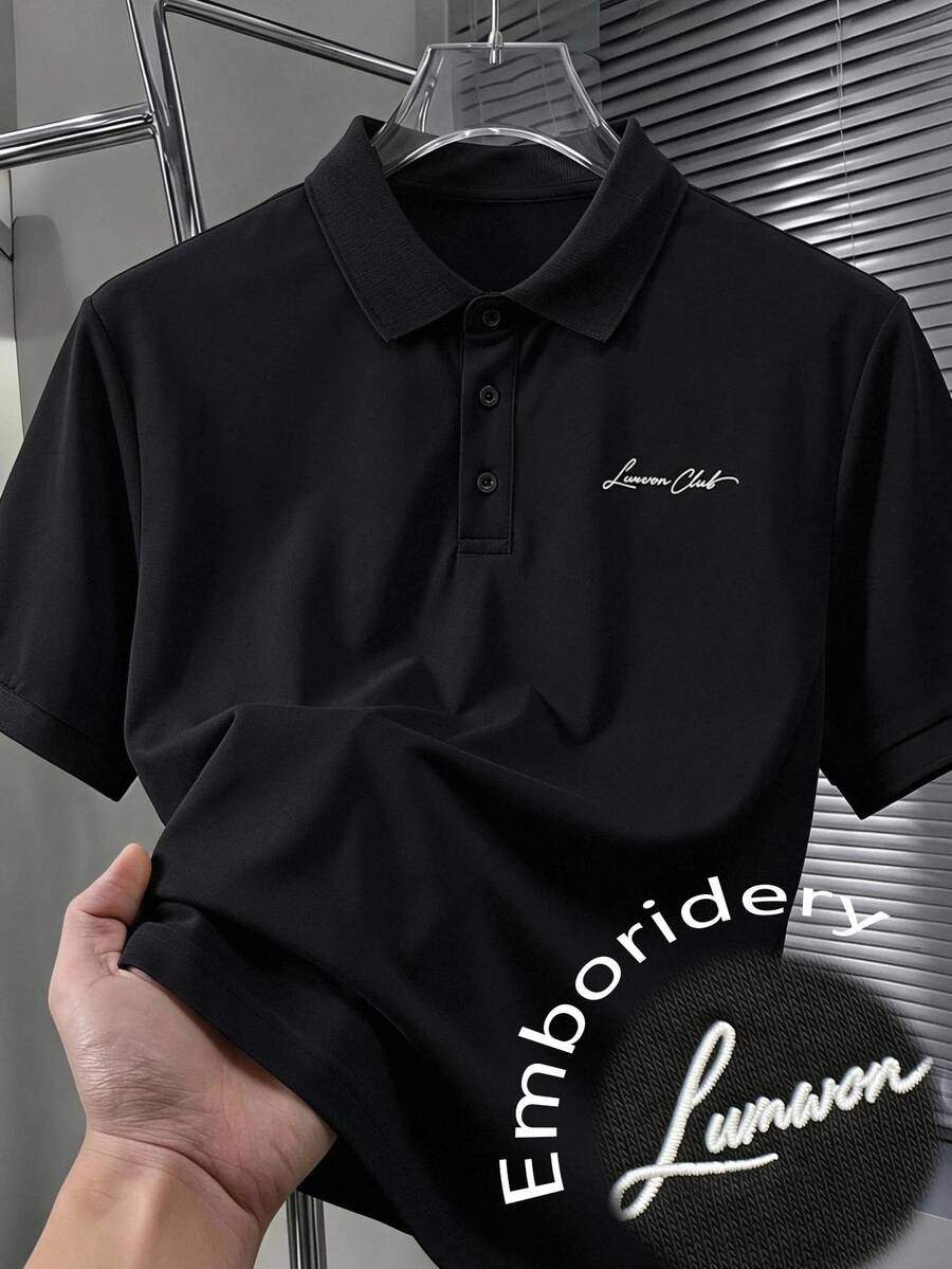 Manfinity Homme 男士字母印花短袖休閒通勤 Polo 衫,正式感、老錢風 - 黑色 - 查看 1