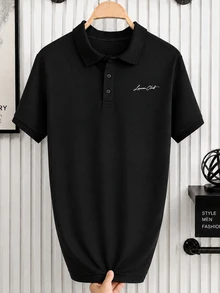 Manfinity Homme 男士字母印花短袖休閒通勤 Polo 衫，正式感、老錢風 - 黑色 - 查看 3