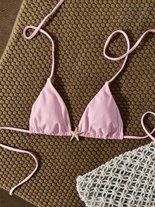 Swim Mod 女款純色掛脖金屬裝飾比基尼上衣，春夏海灘派對粉色性感熱帶風 - 粉色 - 查看 1
