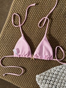 Swim Mod 女款純色掛脖金屬裝飾比基尼上衣，春夏海灘派對粉色性感熱帶風 - 粉色 - 查看 2