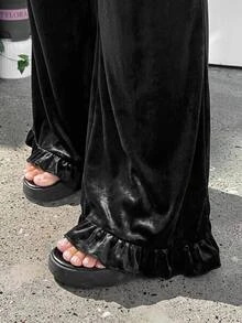 GalTyme 大尺碼女款純色休閒百搭日常穿著長褲 冬季 - 黑色 - 查看 1