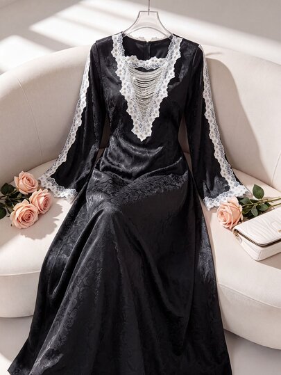 Al Najma فستان نسائي أنيق بياقة دائرية من قماش الجاكار الساتان مزين بشريط زهري وسلسلة، أكمام طويلة وخصر مشدود، فستان عربي ليوم الوطني السعودي