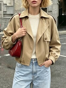 SHEIN Struktiv Raglan Sleeve Epaulettes Design Trench Coat - Khaki - View 3