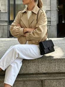 SHEIN Struktiv Raglan Sleeve Epaulettes Design Trench Coat - Khaki - View 6