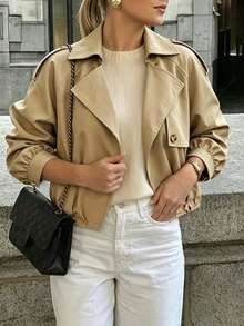 SHEIN Struktiv Raglan Sleeve Epaulettes Design Trench Coat - Khaki - View 5