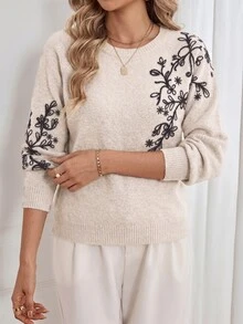Sprig & Strand Floral Pattern Drop Shoulder Sweater - Apricot - View 1