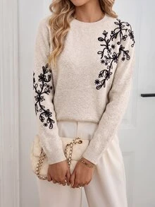 Sprig & Strand Floral Pattern Drop Shoulder Sweater - Apricot - View 5