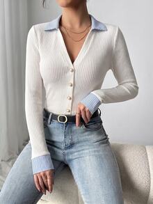 Elenzga Women's Patchwork Striped Collar Long Sleeve Single-Breasted Casual T-Shirt - Beige - View 3