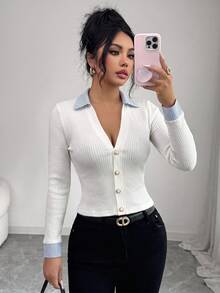 Elenzga Women's Patchwork Striped Collar Long Sleeve Single-Breasted Casual T-Shirt - Beige - View 7