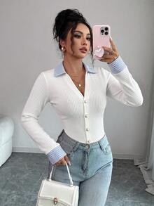 Elenzga Women's Patchwork Striped Collar Long Sleeve Single-Breasted Casual T-Shirt - Beige - View 5