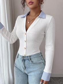 Elenzga Women's Patchwork Striped Collar Long Sleeve Single-Breasted Casual T-Shirt - Beige - View 6