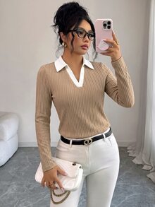 Elenzga Women's Contrast Color Lapel Long Sleeve Casual Versatile T-Shirt - Apricot - View 4