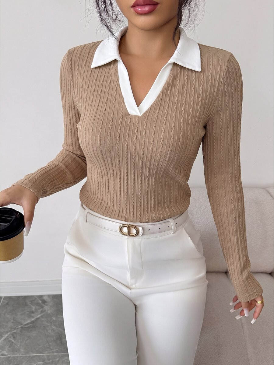 Elenzga Women's Contrast Color Lapel Long Sleeve Casual Versatile T-Shirt - Apricot - View 1