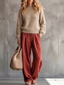 Omancia Sweater Polos dengan Bahu Jatuh - Aprikot - View 4