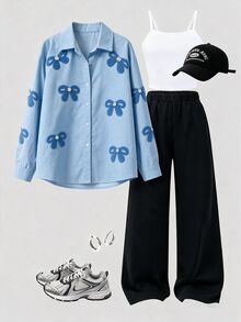 SHEIN 青少年女孩套裝 聚酯纖維翻領長袖圖案口袋寬鬆版型 K-Pop 休閒T恤 生日禮物 六年級 藍色 皇家藍 白色 黑色 秋季 - 藍色 - 查看 7
