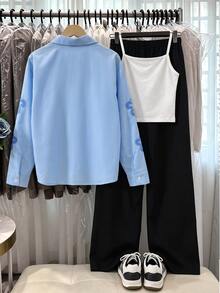 SHEIN 青少年女孩套裝 聚酯纖維翻領長袖圖案口袋寬鬆版型 K-Pop 休閒T恤 生日禮物 六年級 藍色 皇家藍 白色 黑色 秋季 - 藍色 - 查看 2