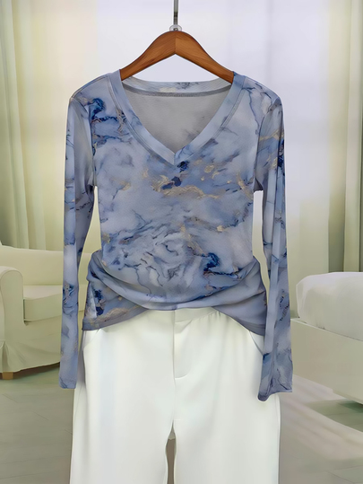 GlowEve Women's Fashion Marble Tie-Dye Print V-Neck Long Sleeve Casual T-Shirt For Vacation